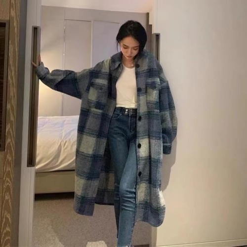 Autumn and winter new large size women's loose plaid woolen coat plaid mid-length coat M-4XL 200 pounds