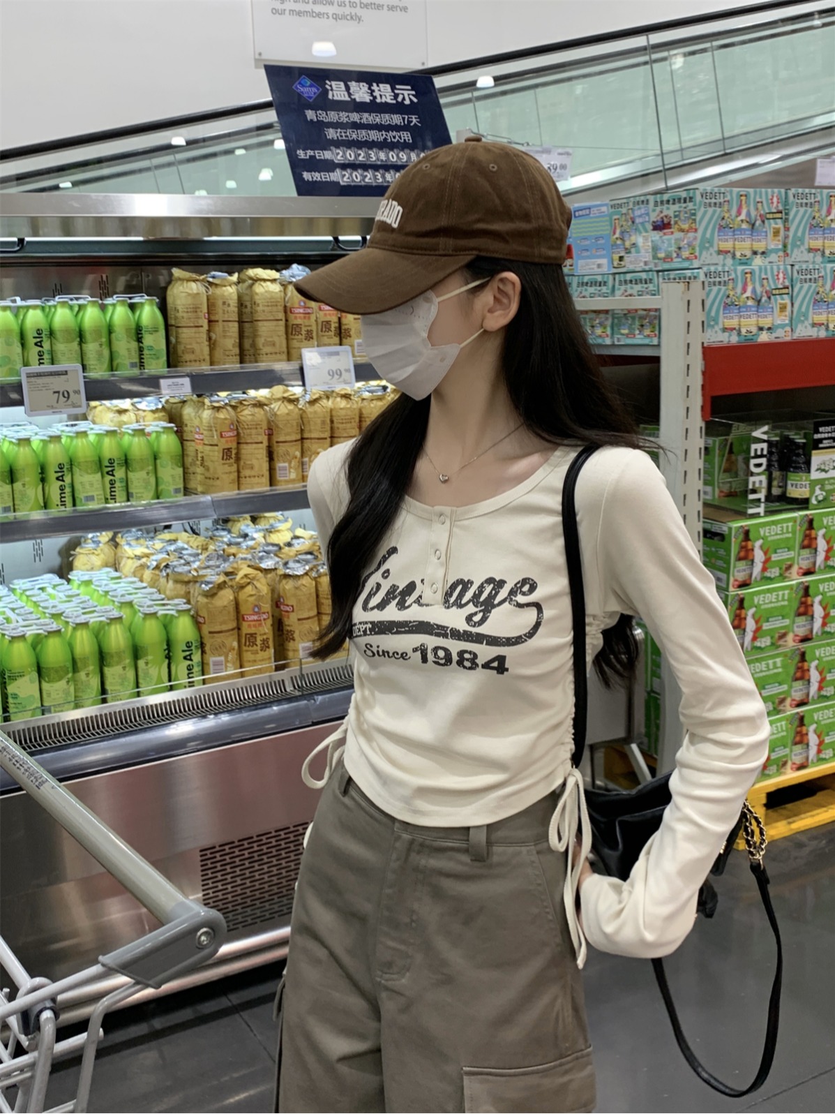 Actual shot of 2024 autumn Korean style slim-fit button printed drawstring design pure cotton inner long-sleeved T-shirt top