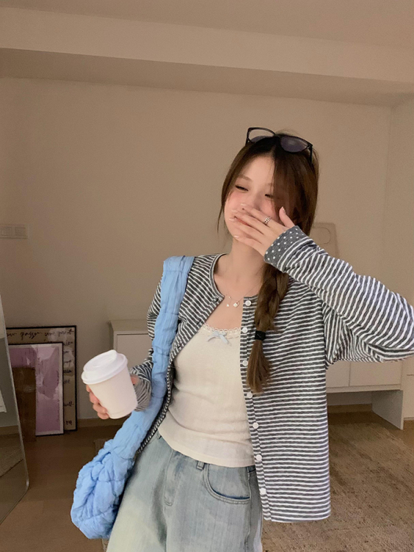 2024 Lazy Style Striped Long Sleeve Women's Korean Style Loose Versatile Contrast Color Round Neck Cardigan Top for Little People Autumn