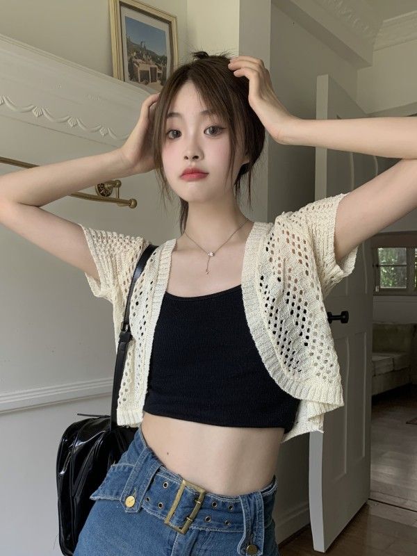 New style knitted short-sleeved sleeves hollow crochet sunscreen cardigan women's jacket
