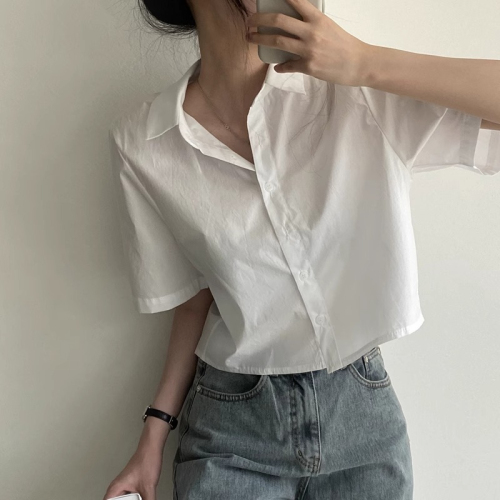 Official photo original white short-sleeved shirt women's summer top shirt T-shirt short back slit college style