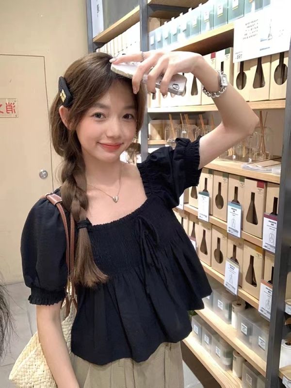 Pleated square collar bow baby doll Korean style age-reducing puff sleeves exposing collarbone sweet short-sleeved shirt