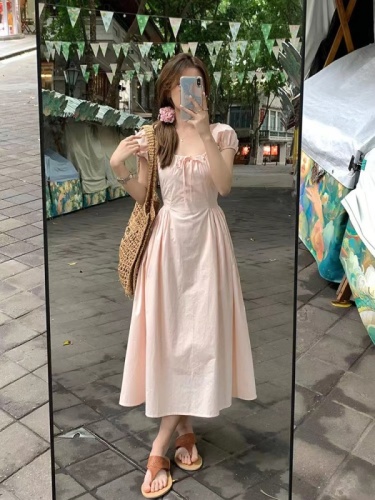 French Retro Square Neck Pink Puff Sleeve Dress Women's Summer Small Super Beautiful Temperament Waist Long Skirt