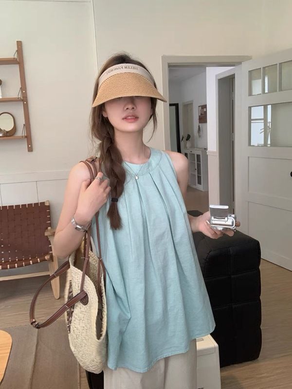 Bamboo linen pleated sleeveless off-shoulder halter top Korean style loose and slim babydoll top for women summer