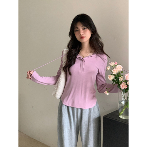 Real shot of irregular hooded drawstring T-shirt for women in autumn pure desire long-sleeved short slim fit top 2024 new style