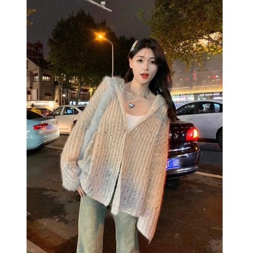 Lazy style heavy industry sequin gradient color hooded sweater cardigan coat women's autumn and winter mid-length soft waxy sweater