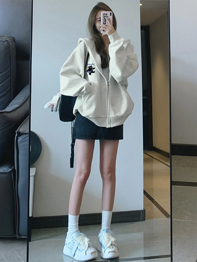 CVC Cotton Face Food Wool-Hemp Composite/Nylon 300g Silver Fox Fur 400g Front Printed Women's Sweatshirt Jacket