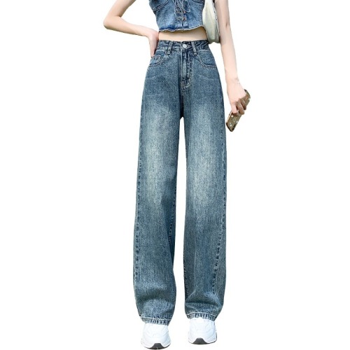 High-waisted straight-leg jeans for women's new style loose and drapey wide-leg floor-length pants for small people