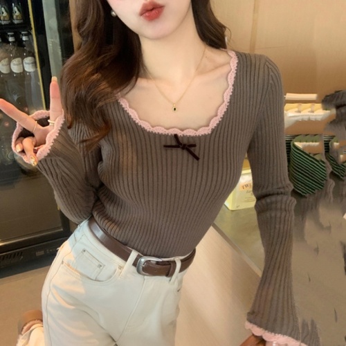 Square collar lace knitted bottoming shirt for women 2024 new Maillard inner bow sweater contrast color low collar top