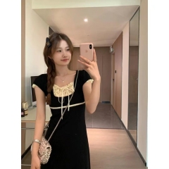 Ballet style lace splicing lace-up dress, sweet and girly, versatile, slimming, stretchy A-line long skirt