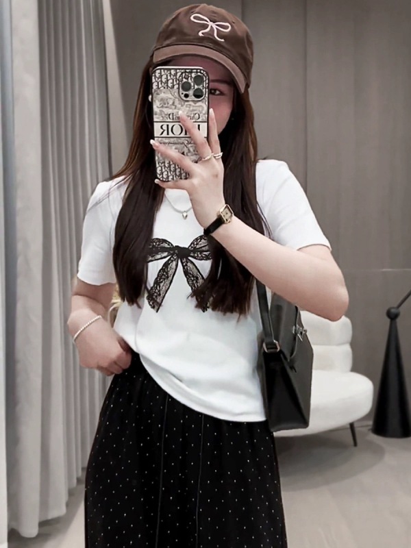 Bow tie printed white short-sleeved T-shirt for women 2024 summer new Korean style casual niche tops