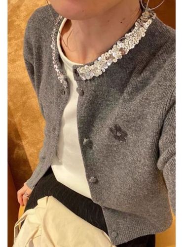 New popular design this year's popular knitted cardigan top gray sequined sweater jacket for women