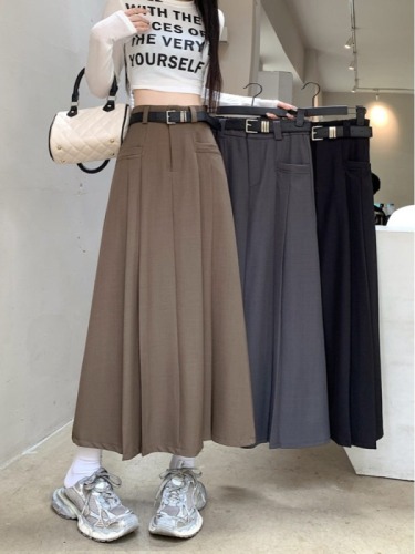 New mid-length high-waist slim pleated skirt loose and versatile skirt for women with belt