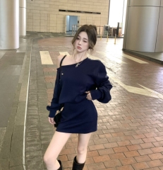 Real Shot American Retro Off-Shoulder Sweater Dress Fashion Loose Multi-purpose Off-Shoulder Dress 