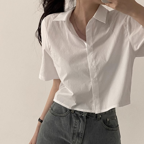 Official photo original white short-sleeved shirt women's summer top shirt T-shirt short back slit college style