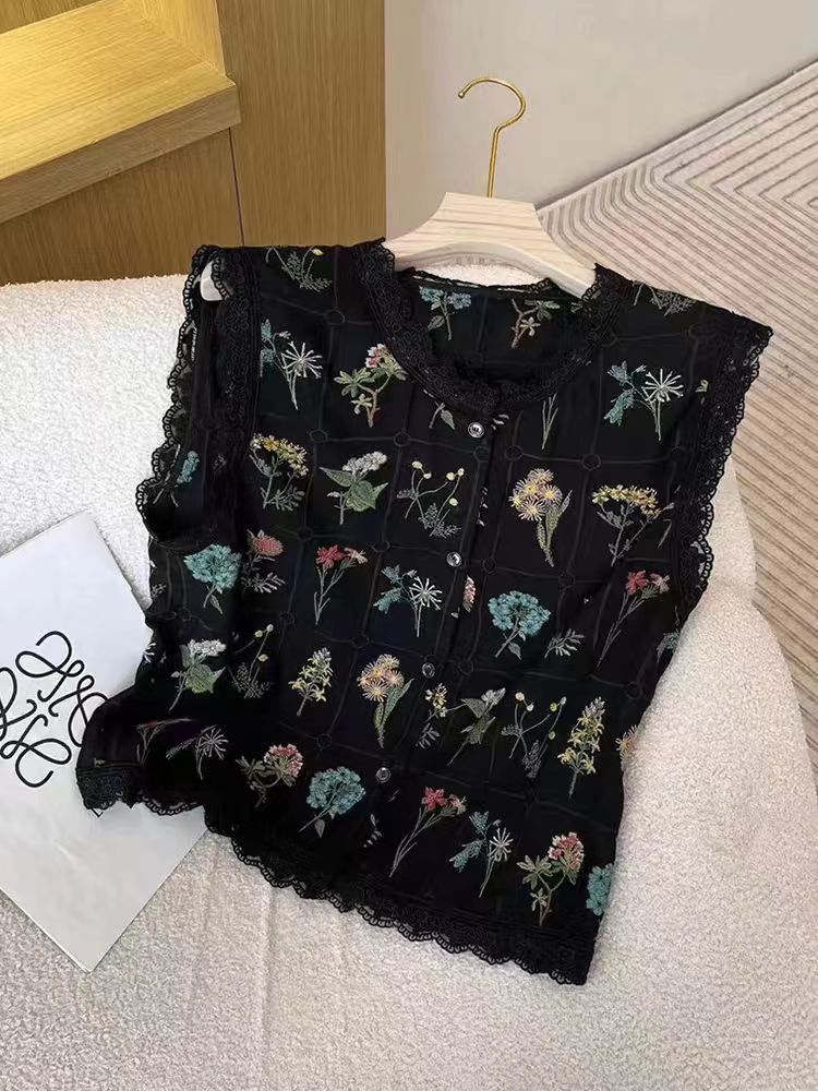 French retro fungus sleeveless vest for women 2024 summer new heavy industry embroidered jacquard loose temperament top
