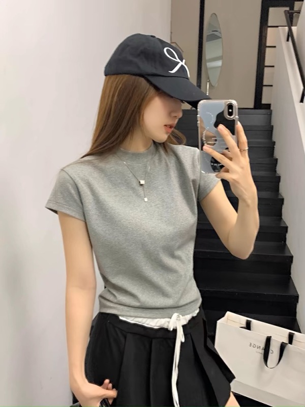 High round neck solid color American short-sleeved t-shirt for women summer slim slim and versatile short shoulder top for small people