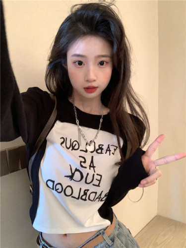 Actual shot ~ early autumn new American style fake two-piece round neck long-sleeved T-shirt with letter print hot girl slim fit top