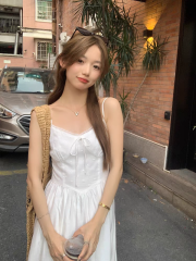 Ballet style embroidered hollow suspender dress spliced ​​with lace waist slimming mid-length first love little white dress