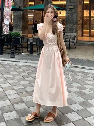 French Retro Square Neck Pink Puff Sleeve Dress Women's Summer Small Super Beautiful Temperament Waist Long Skirt