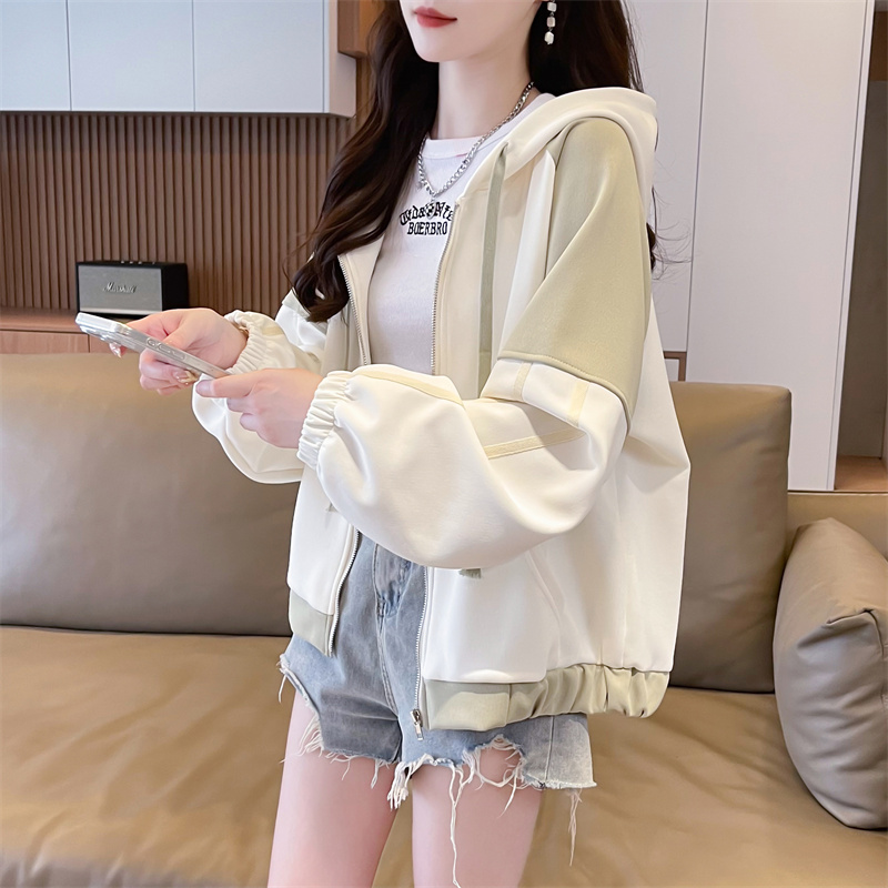 Photographed Spring and Autumn Korean Style Trend Hooded Loose Cotton Blended Zip-up Sweater for Plus Size Thin Model