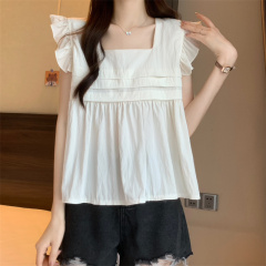 Korean style pleated loose, versatile, slim and stylish summer small flying sleeve shirt tops for women