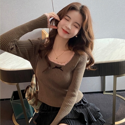 Square collar lace knitted bottoming shirt for women 2024 new Maillard inner bow sweater contrast color low collar top