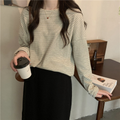 Real shot basic classic versatile striped loose slim round neck long-sleeved T-shirt for women