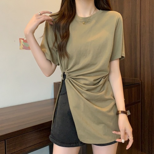 Plus size hottie sexy irregular slit shoulder top women summer slim cotton T-shirt 1553