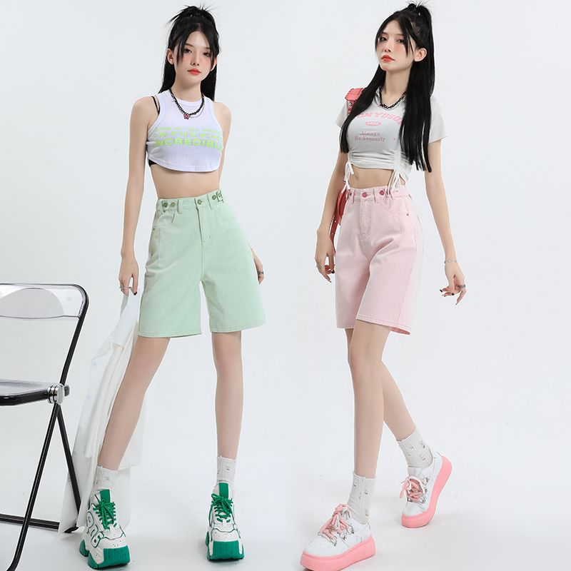 Spring and summer new style non-elastic hot girl denim five-quarter pants for women, versatile high-waisted slim adjustable mid-pants