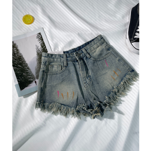 Retro raw edge high waist denim shorts for women summer thin tight slimming little a line hot pants super short hot pants