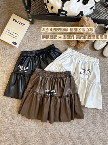 Real shot PU leather skirt autumn and winter 2024 new hot girl leather skirt high waist slimming A-line cake skirt