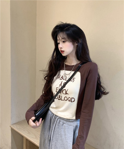 Actual shot ~ early autumn new American style fake two-piece round neck long-sleeved T-shirt with letter print hot girl slim fit top