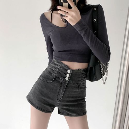 Summer small waist cross-over ultra-high waist tummy-control denim shorts for women, versatile butt-lifting, loose wide-leg hot pants