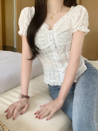 Palace style petite gentle lace puff sleeve shirt women's slim slim short-sleeved shirt sweet top