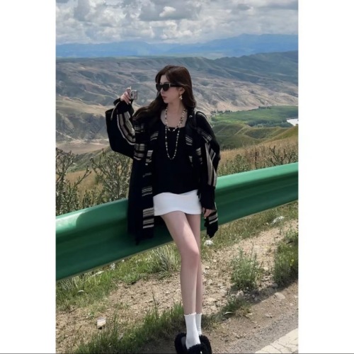 Retro lazy style loose tassel striped knitted cardigan jacket for women early autumn style fashionable and versatile mid-length top