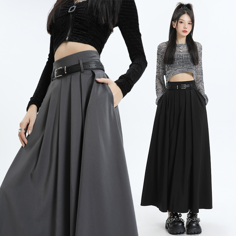 Gray suit pleated skirt for women spring new high-waist slimming a-line long skirt for small people