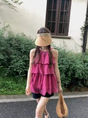 Dragon fruit color sleeveless off-shoulder cake layer halter neck top women's thin loose sweet vest halter top