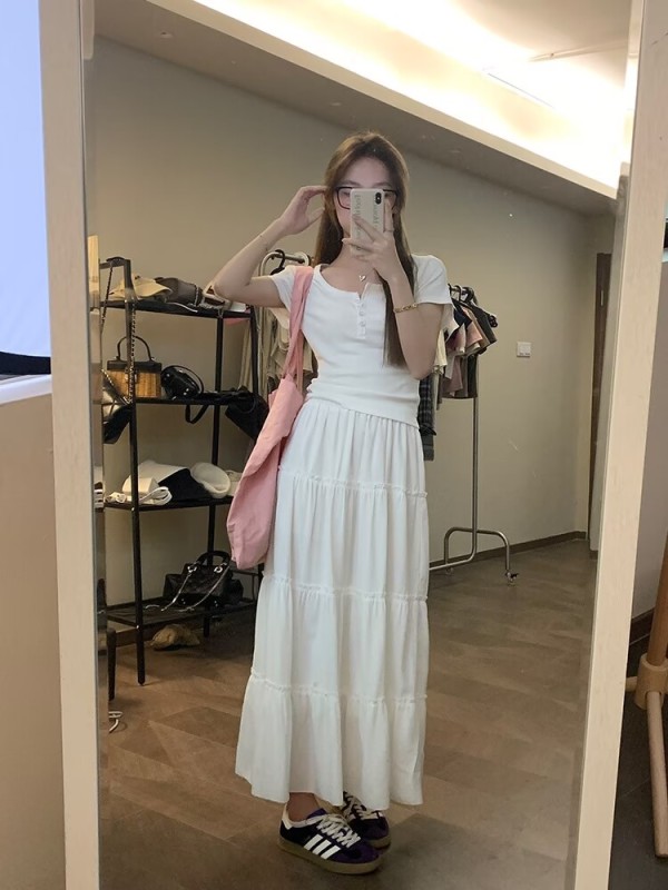 Big skirt white skirt women's elastic high waist covering the crotch and slimming mid-length versatile cake skirt umbrella skirt summer