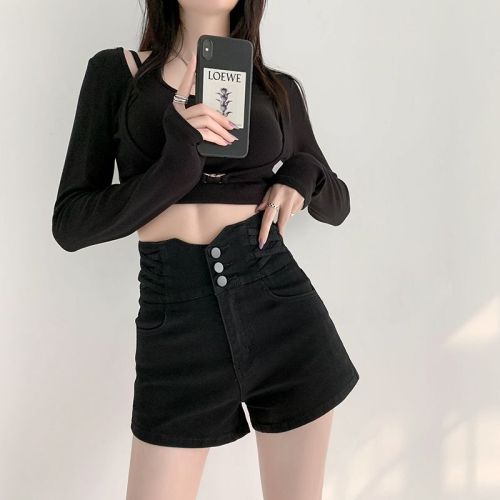 Summer small waist cross-over ultra-high waist tummy-control denim shorts for women, versatile butt-lifting, loose wide-leg hot pants