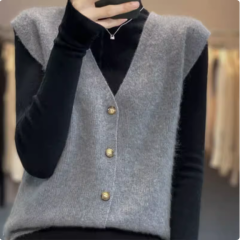 2024 Spring and Autumn New V-neck Cashmere Cardigan Women's Vest Sleeveless Loose Waistcoat Vest Layer Top Wear Outerwear