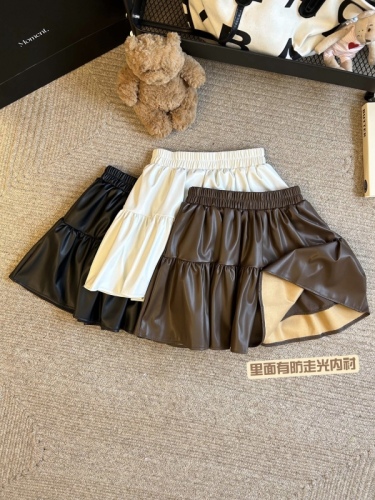 Real shot PU leather skirt autumn and winter 2024 new hot girl leather skirt high waist slimming A-line cake skirt