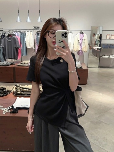 Plus size women's slimming kink slit design solid color short-sleeved T-shirt right shoulder loose round neck top