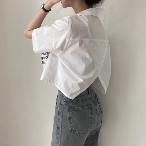 Official photo original white short-sleeved shirt women's summer top shirt T-shirt short back slit college style