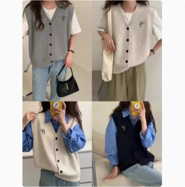 ◆~Simple embroidery rabbit V-neck high-definition design solid color women’s autumn style loose layered versatile vest