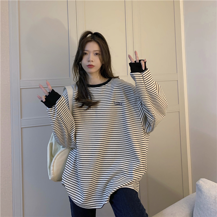 Large size color block striped T-shirt Korean style letter logo pullover loose slim round neck top for women