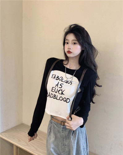 Actual shot ~ early autumn new American style fake two-piece round neck long-sleeved T-shirt with letter print hot girl slim fit top