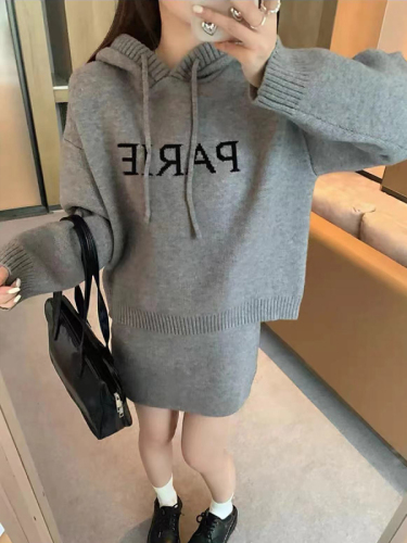 ins fashion casual suit women's letter jacquard loose hooded sweater + high waist skirt knitted two-piece set