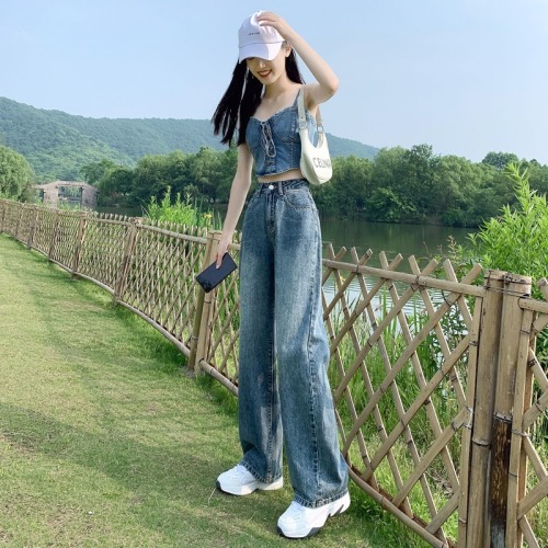 High-waisted straight-leg jeans for women's new style loose and drapey wide-leg floor-length pants for small people