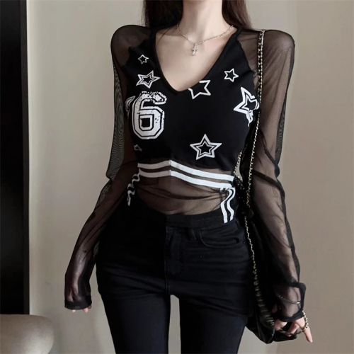 40 count pure cotton rib 92 cotton 8 spandex hot girl star printed splicing mesh bottoming shirt